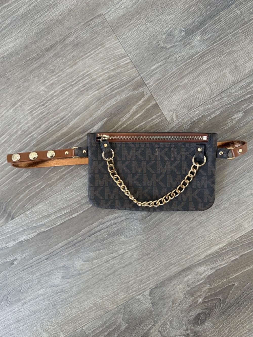 Michael Kors Black and Brown Monogram Belt Bag with Gold Chain